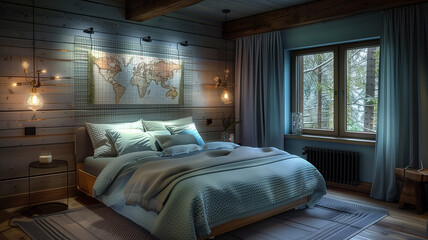Intimate bedroom sanctuary in deep, moody hues for a dramatic ambiance