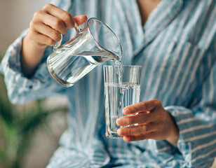 手に持ったコップに水を注ぐパジャマ姿の若い女性
