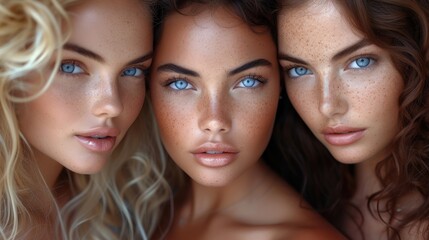 three beautiful young women with freckled skin and blue eyes posing for a picture with freckled skin and freckled hair.