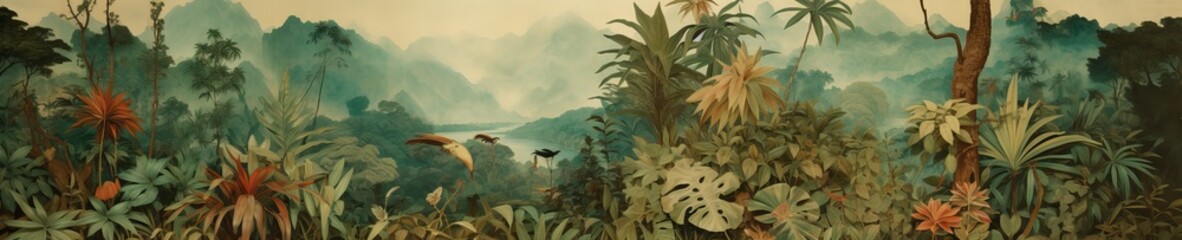 Fototapeta na wymiar Jungle landscape. Retro wallpaper in watercolor style.