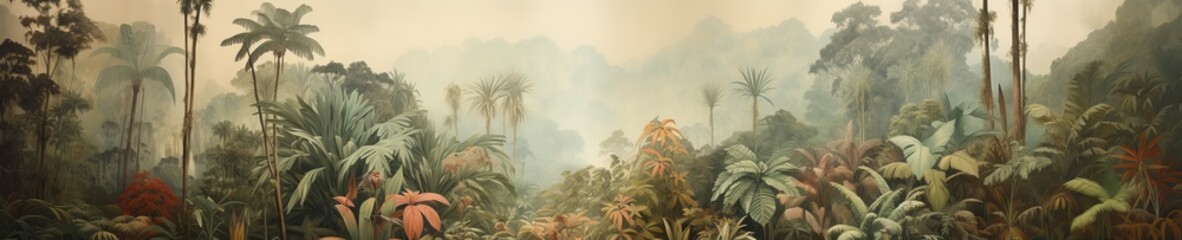 Jungle landscape. Retro wallpaper in watercolor style.