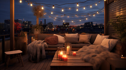 A charming outdoor roof terrace featuring a comfortable sofa and a rustic coffee table, 