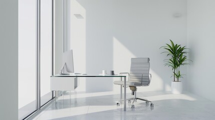 Modern Office Space with Glass Desk and Green Potted Plant