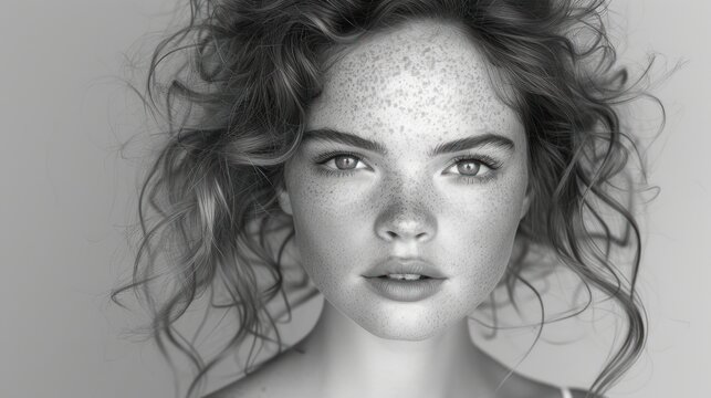 a black and white photo of a woman with freckles on her face and freckles on her hair.