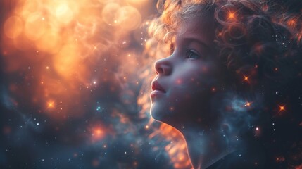 a close up of a child's face in front of a sky filled with stars and a bright light.