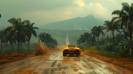 a yellow truck driving down a dirt road with palm trees on both sides of the road and a mountain in the background.