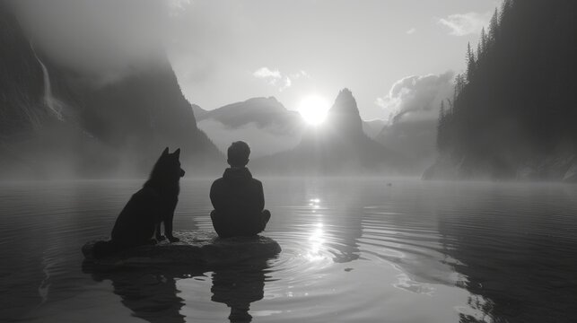 A Black And White Photo Of A Person And A Dog In A Body Of Water With Mountains In The Background.