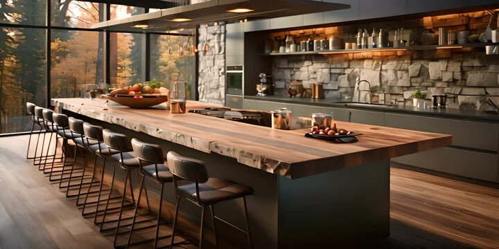 Gray and wooden kitchen interior with bar 4K Video