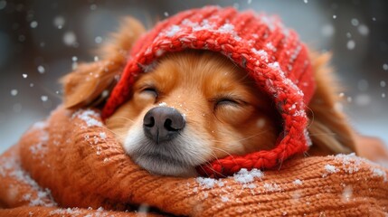 a brown and white dog wearing a red sweater and a red knitted hat with it's eyes closed.