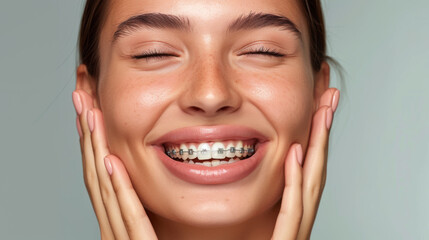 Obraz premium A close-up portrait of a cheerful young individual with braces on their teeth, displaying a happy and confident smile.