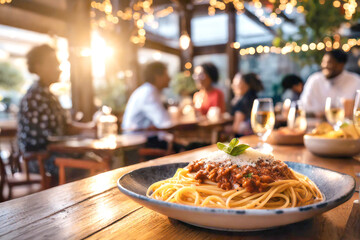Spaghetti Bolognese, im Hintergrund ein Restaurant mit fröhlichen Menschen  - obrazy, fototapety, plakaty