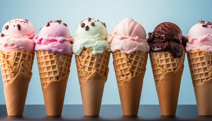 Gourmet ice cream cones, a summer indulgence of sweet refreshment generated by AI