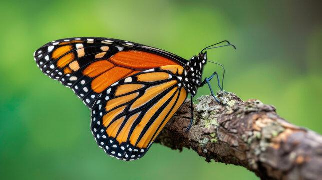 A Monarch butterfly with intricately patterned orange and black wings resting on a textured, brown surface against a blurred green background.