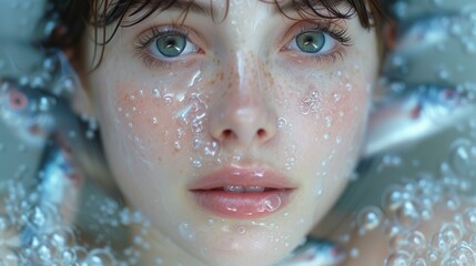 a close up of a woman with freckles on her face and freckles all over her body.