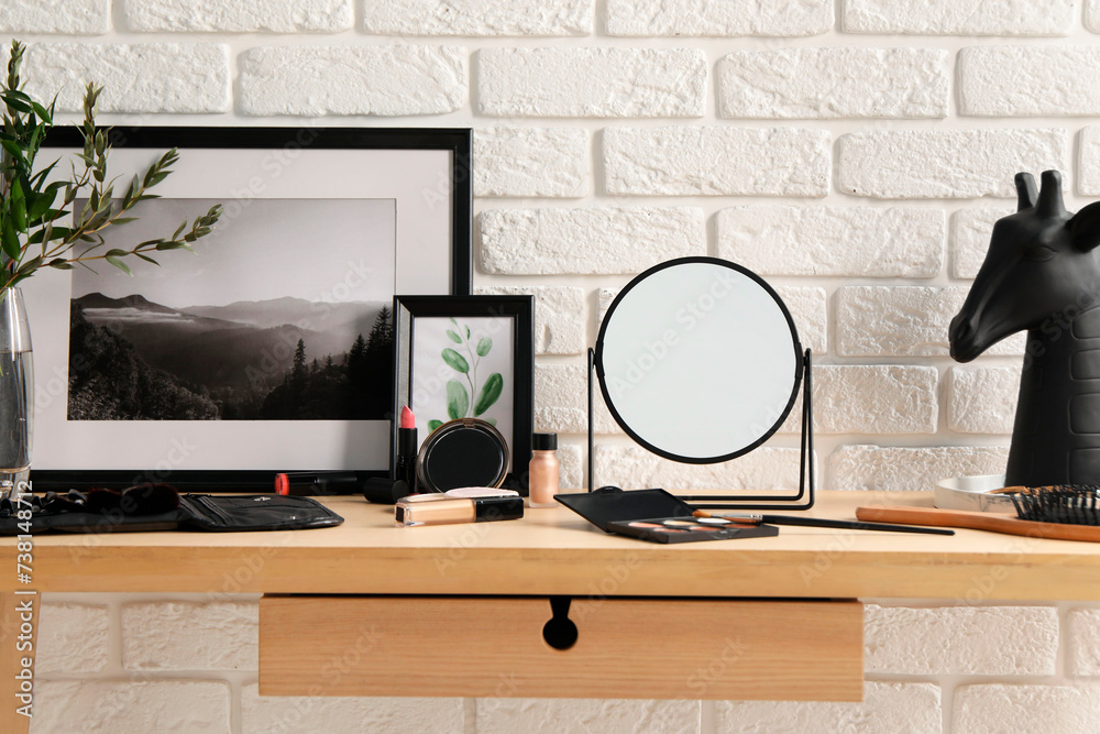 Canvas Prints Dressing table with mirror, makeup products and accessories in room