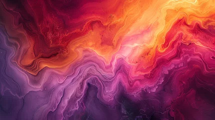 Fotobehang Radiant bursts of fiery reds, sun-kissed oranges, and deep purples creating a dynamic symphony of abstract hues on marble. © Shakeel