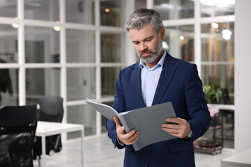 Handsome man with folder in office, space for text. Lawyer, businessman, accountant or manager