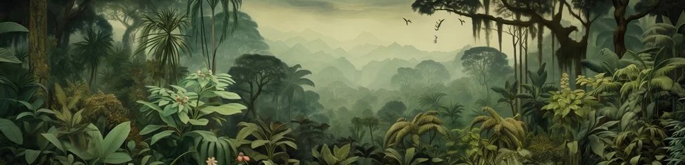 Papier Peint photo Kaki Watercolor pattern wallpaper. Painting of a jungle landscape.