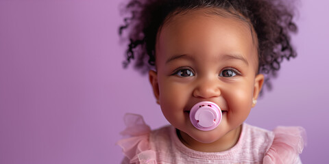 Little cute afroamerican girl with pacifier. Banner with violet background and copy space. Shallow...