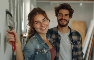 Obraz premium Young couple happily painting home interior wall, smiling at camera, woman holding red paintbrush