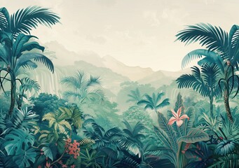Fototapeta na wymiar Rainforest landscape. Watercolor wallpaper pattern.