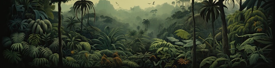 Fototapeta na wymiar Jungle landscape. Retro wallpaper in watercolor style.