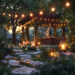Enchanting Garden Pathway Illuminated by String Lights and Lanterns at Twilight