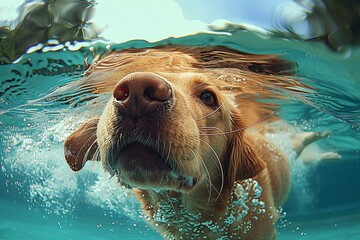 An energetic golden retriever swimming underwater, focused on fetching a stick with its expressive eyes and wet fur