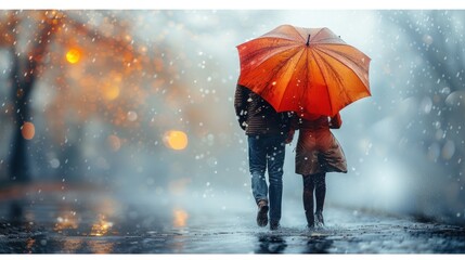 a man and a woman walking in the rain under an umbrella in the rain with the lights of the street behind them.