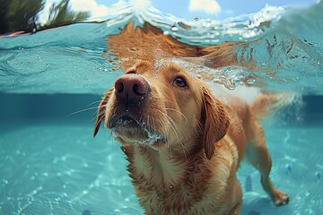 A close-up of a dog's face while swimming, showcasing its wet fur, whiskers, and determination in the water