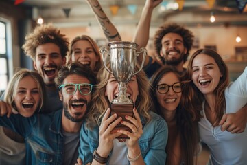 Happy group of diverse friends celebrating victory together with a trophy in a cheerful, indoor setting - obrazy, fototapety, plakaty
