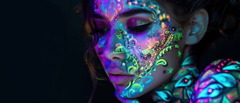 a woman's face is lit up with fluorescent colors and a butterfly pattern on her face and body, with a black background.