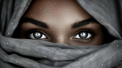 a close up of a woman's face with white stars on her eyes and a scarf over her head.