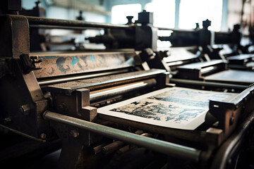 old printing press close-up against the background of typography production workshop - obrazy, fototapety, plakaty
