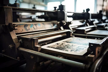 Foto op Plexiglas old printing press close-up against the background of typography production workshop © Ninaveter