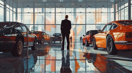 a man in a suit standing in front of a bunch of cars in a showroom with a reflection on the floor. - obrazy, fototapety, plakaty