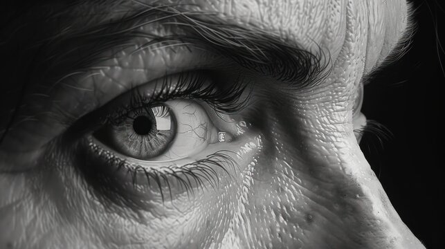 a close up of a person's eye with a black and white photo of a horse's face.