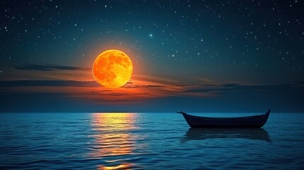 a boat floating on top of a large body of water under a bright orange moon over a body of water.