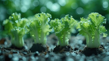 a group of baby broccoli sprouts sprouting out of the ground with water droplets on them.
