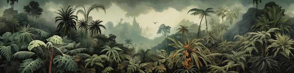 Panoramic watercolor painting of a lush jungle landscape. - obrazy, fototapety, plakaty