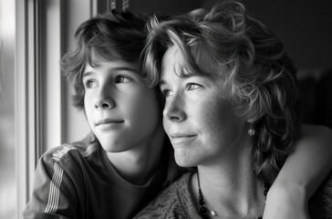 a black and white photo of a woman and a boy looking out of a window at something outside of them.
