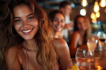 A confident woman with a captivating smile holds a glass of wine, exuding the relaxed yet vibrant atmosphere of a bar scene - obrazy, fototapety, plakaty