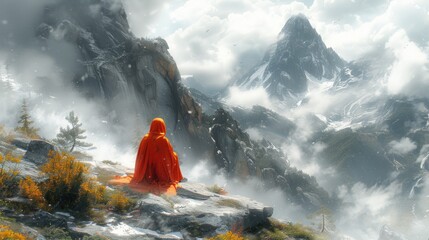 a painting of a monk sitting on top of a mountain looking down at a valley with mountains in the background.