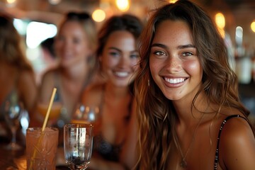 A young woman smiling at the camera with friends in a blurred background at a bar, suggesting a fun social outing