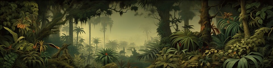 Fototapeta na wymiar Panoramic watercolor painting of a lush jungle landscape.