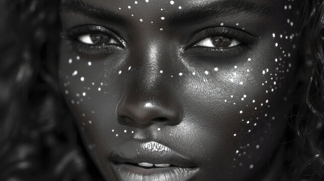 a black and white photo of a woman's face with stars all over her face and on her cheek.