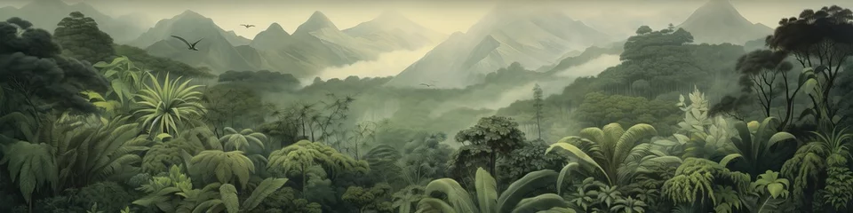 Poster Panoramic watercolor painting of a lush jungle landscape. © Simon