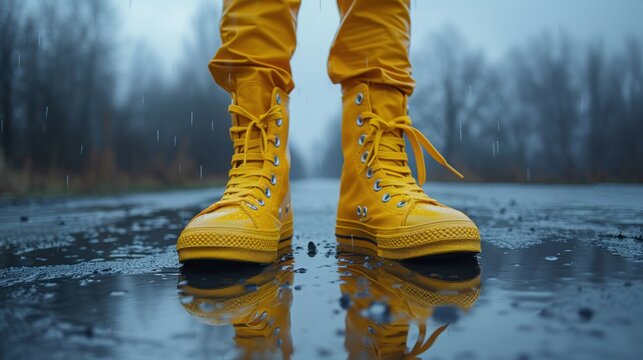 a person in yellow boots standing on a wet road with trees in the background and rain falling on the ground.