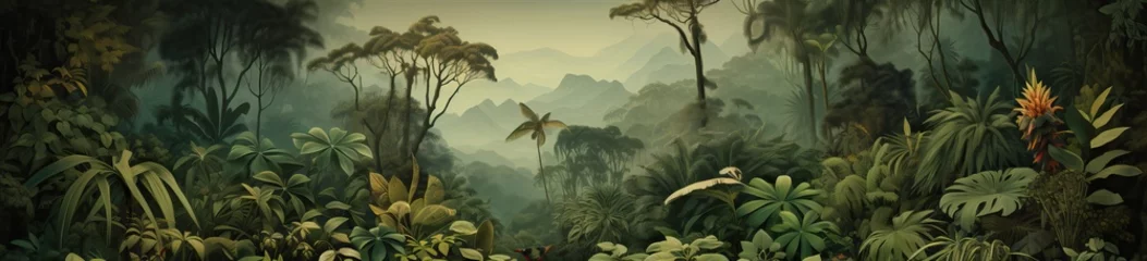 Gordijnen Panoramic watercolor painting of a lush jungle landscape. © Simon
