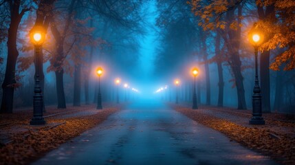 a foggy night in a park with street lamps and street lamps on either side of the road and trees on either side of the road.
